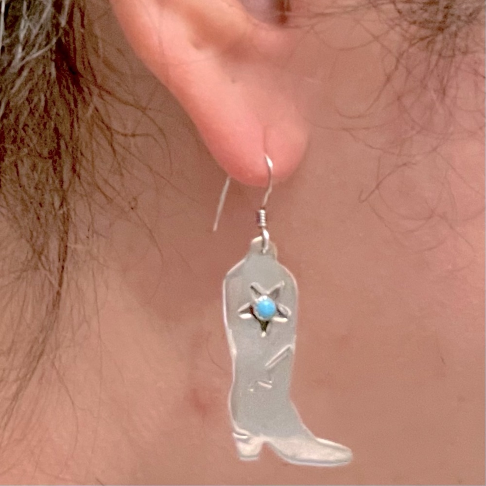 Vintage Sterling Silver Cowboy Boot Earrings Sleeping Beauty Turquoise - Picture 4 of 6